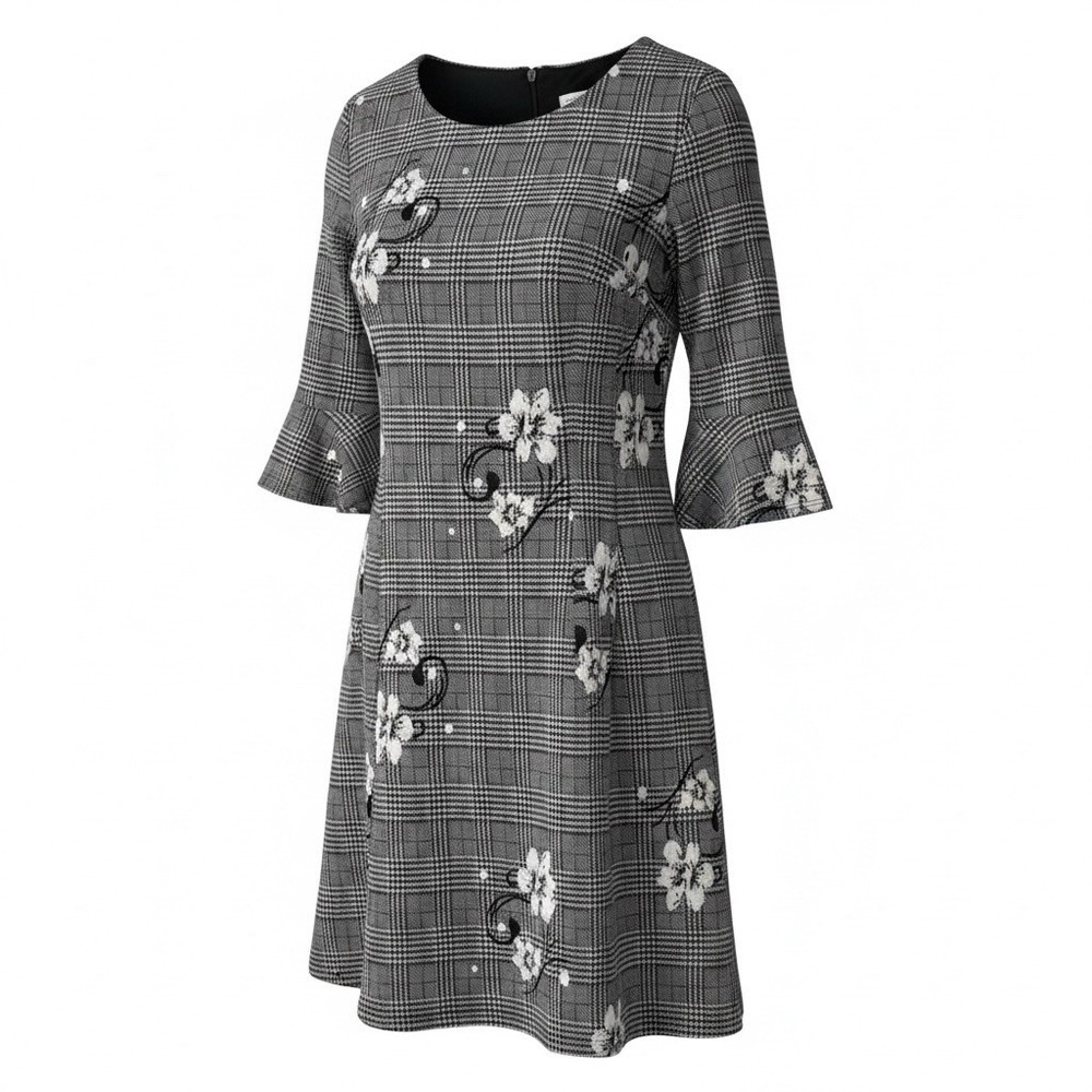 Sandra Darren Women’s Knee Length Dress Size 6 Black White Plaid Floral A-Line